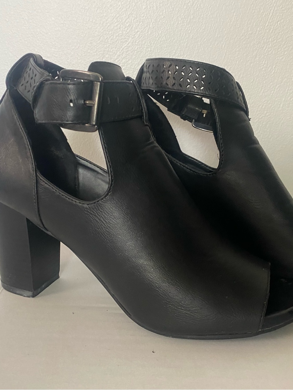 Black Cutout Peep-Toe Heel Sandals with Buckle Strap
